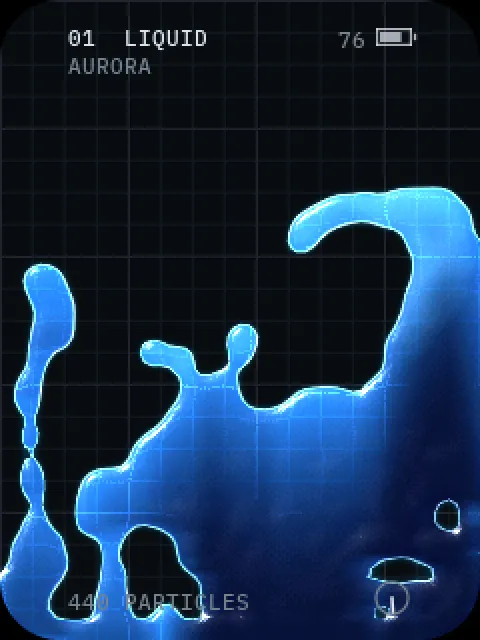 A still frame from the real card: blue liquid splashing inside the bottle, with 440 particles.
