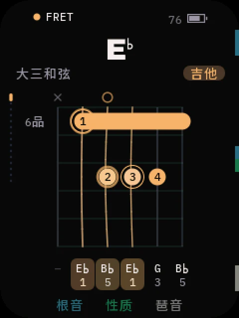 FRET on the card: an E-flat major barre chord at the 6th fret, with finger numbers and per-string note names.