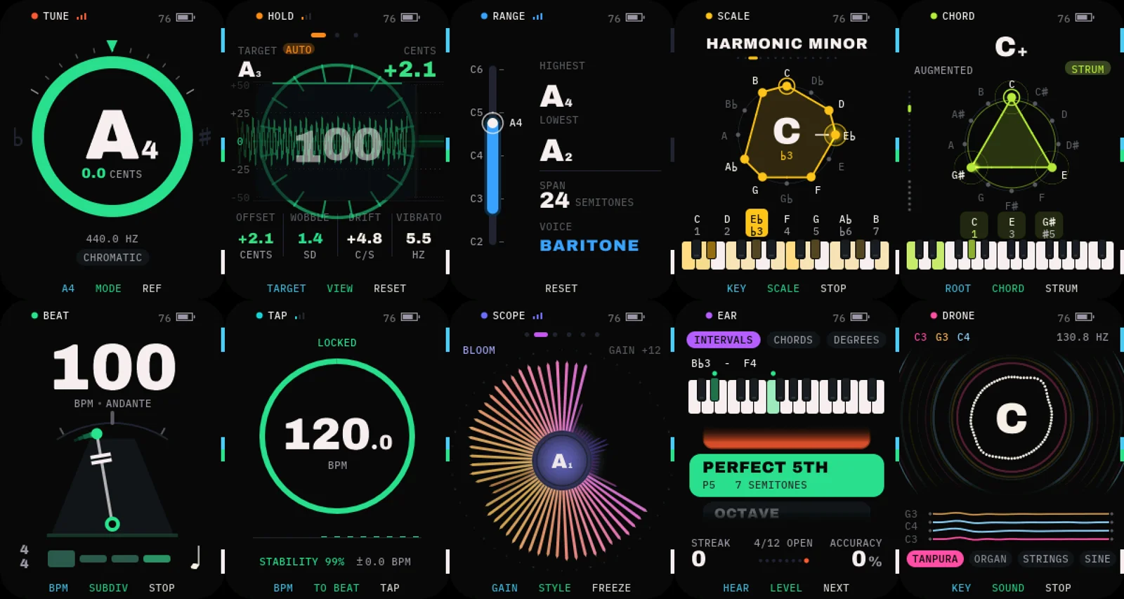 Ten of the eleven tools as they appear on the card: TUNE, HOLD, RANGE, SCALE, CHORD, BEAT, TAP, SCOPE, EAR and DRONE.